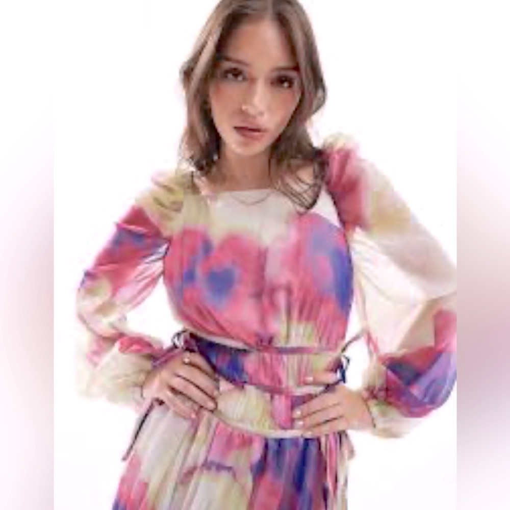 ASOS DESIGN Long Sleeve Pleated Drawstring Bodice Maxi Dress Watercolor Chiffon - Picture 4 of 10